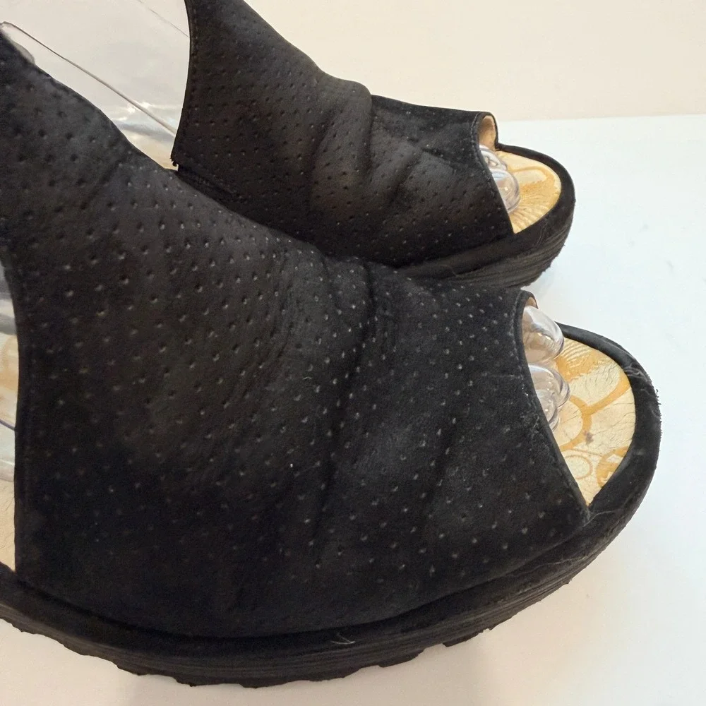 Fly London Yala Black Leather Suede Perforated Wedge Sandals Size 41 US 10-10.5